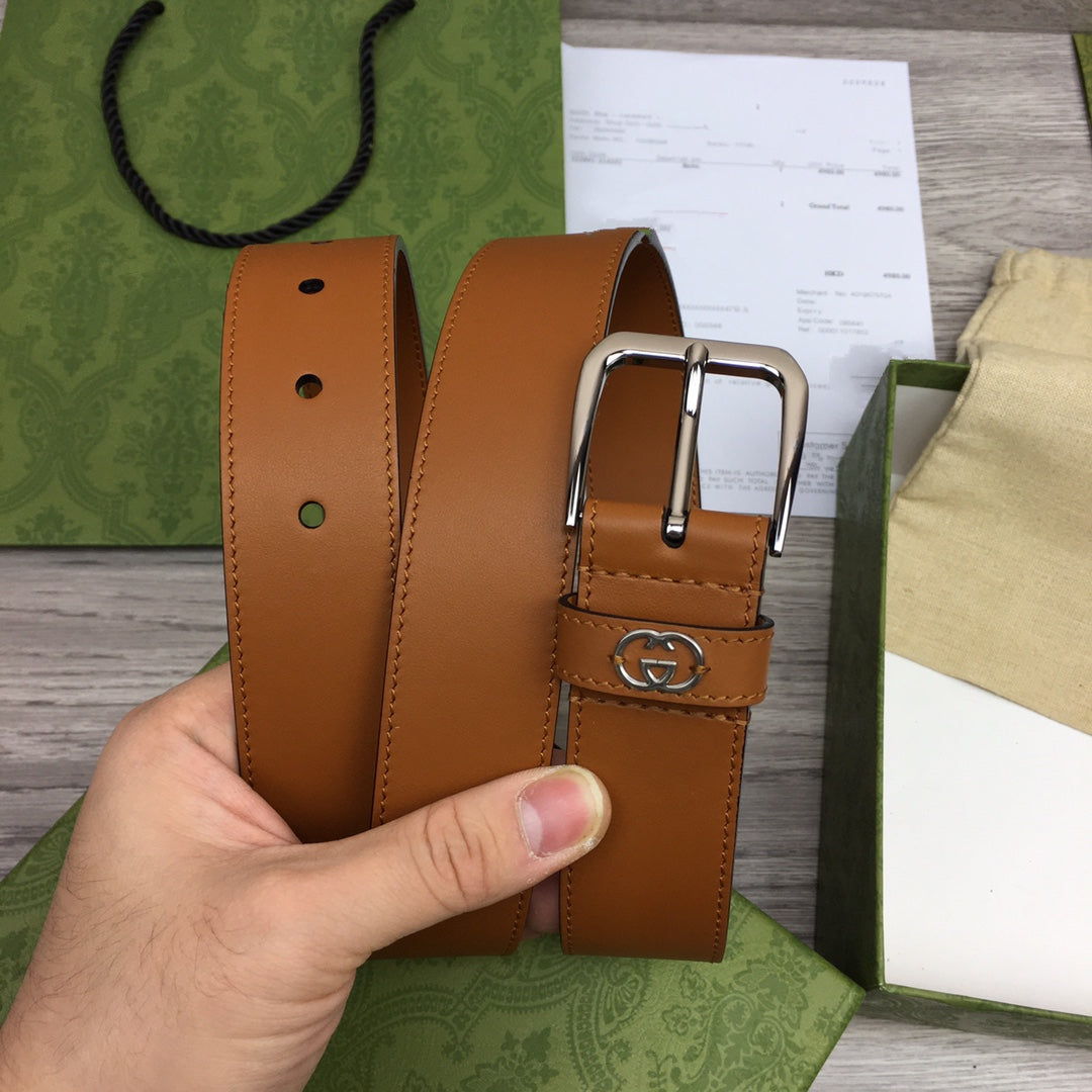 G BELT SILVER SQUARE INSTALL BUCKLE BROWN LEATHER 3.5CM