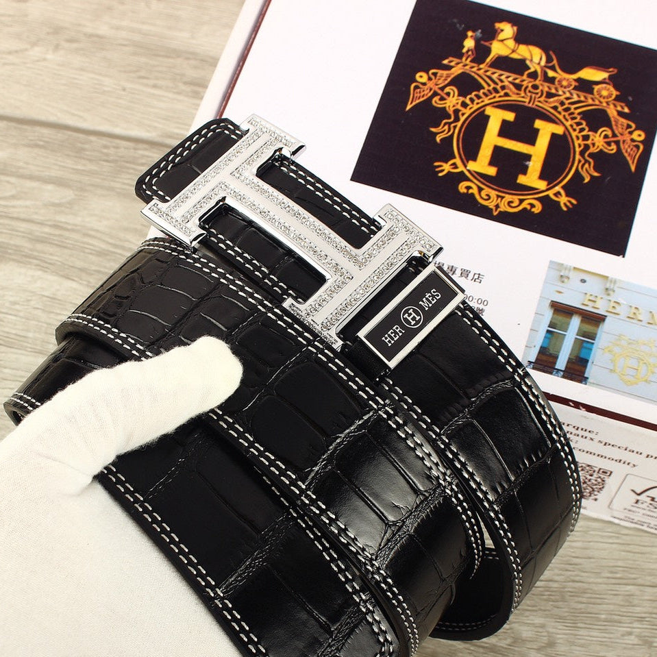 HM Original Belt 38mm Black Crocodile Pattern Sliver Buckle 620265