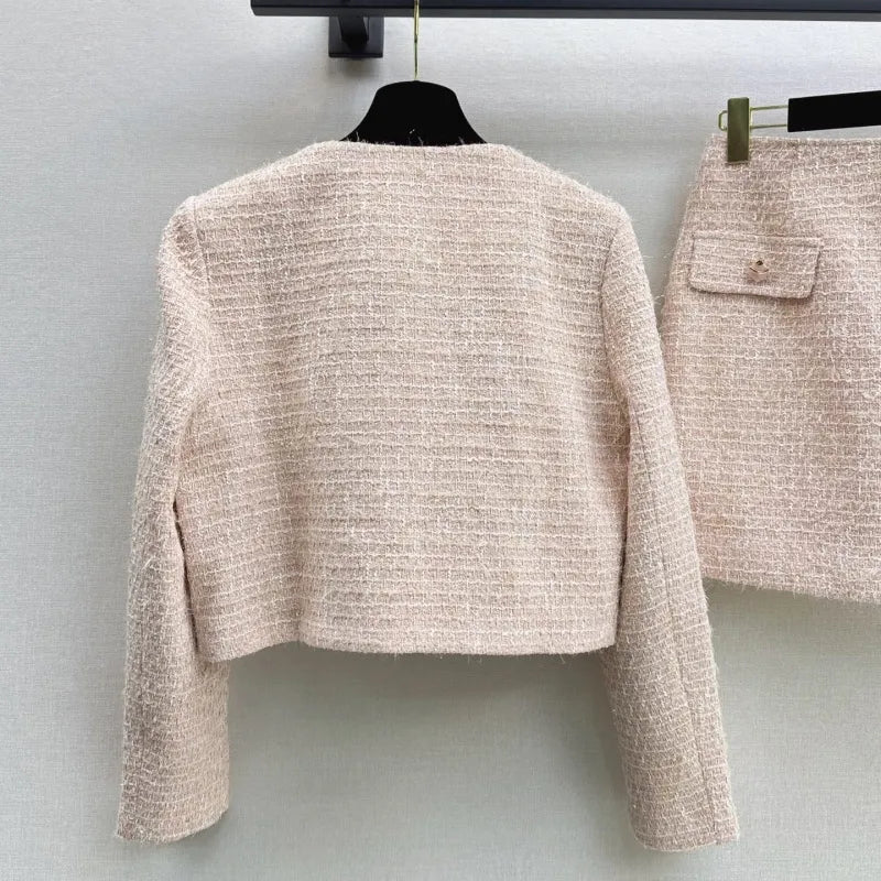 Chanel 2026 Cropped Long-Sleeved Jacket Skirt Set Light Pink Tweed