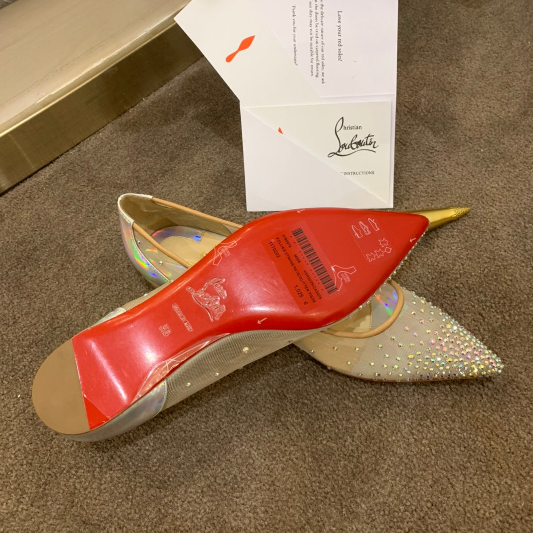 CL Follies Strass Flats Mesh and Patent Leather Silver