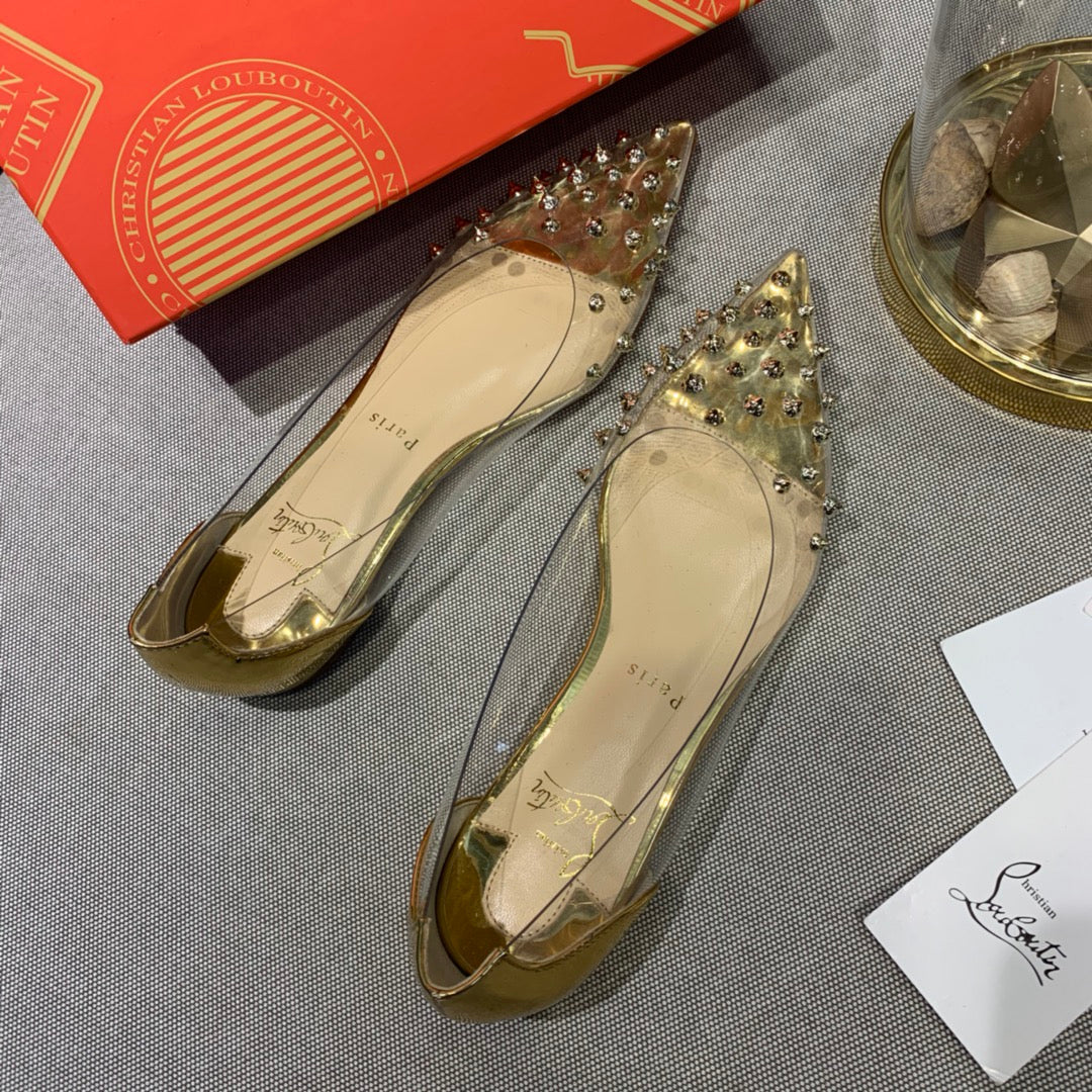 CL Collaclou Spike Clear Flat Embellished Pvc and Metallic Leather Gold