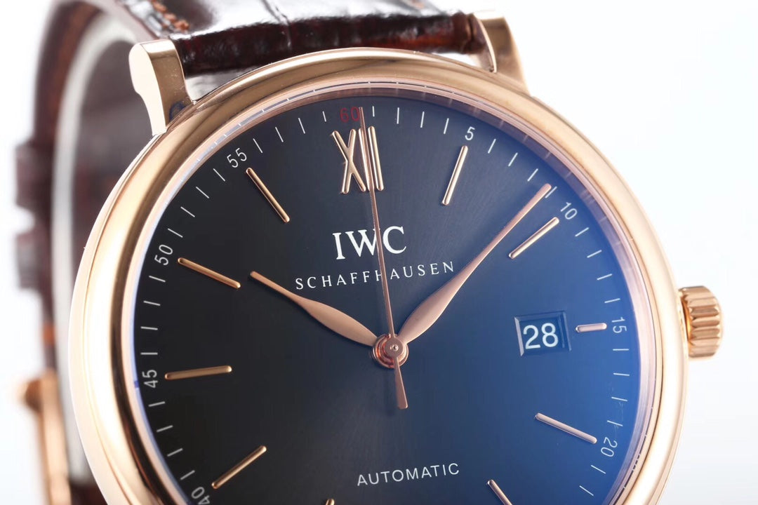 IWC Portofino 40mm Black Dial Pink Gold Case Brown Crocodile Leather
