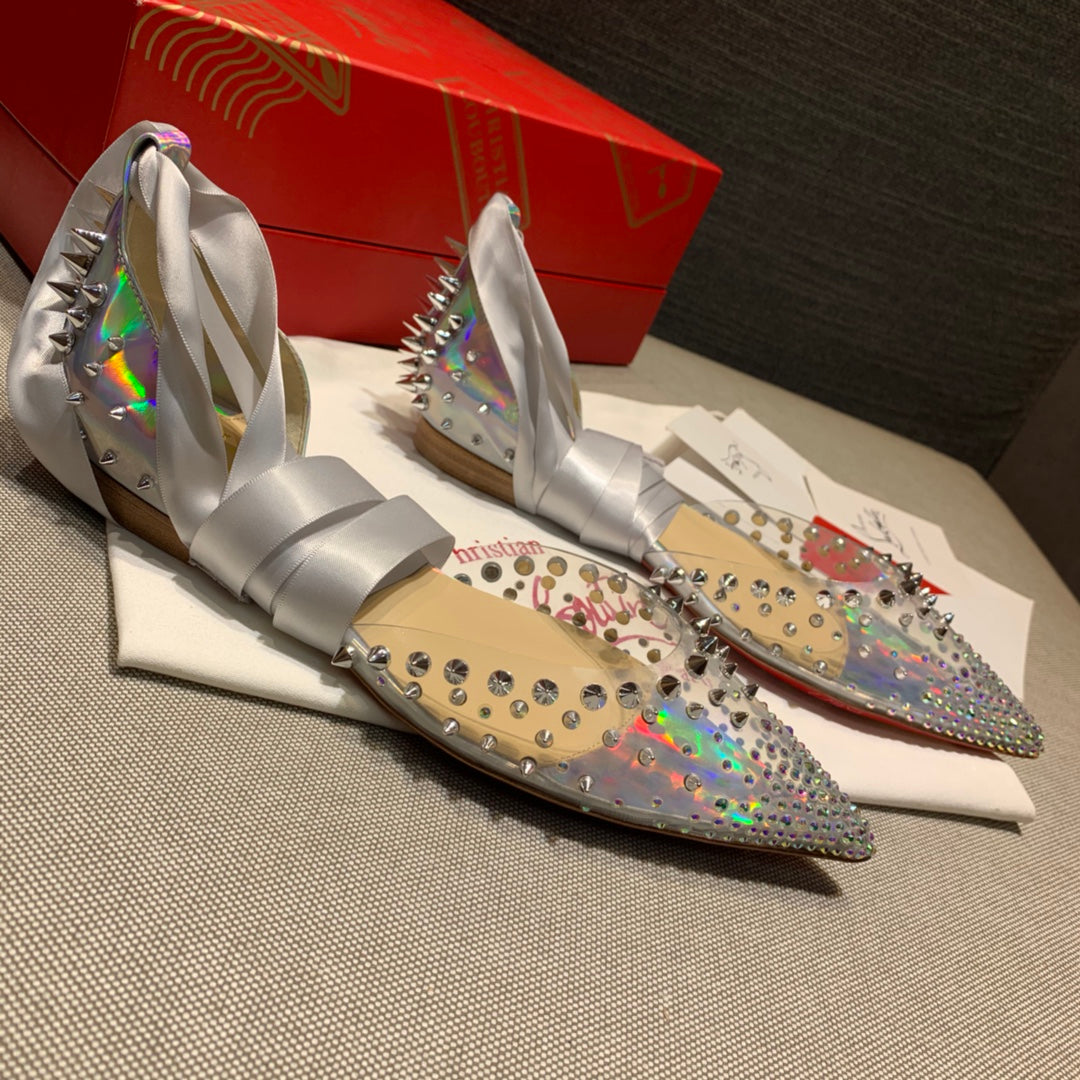 CL Mechante Reine Flats Spike Leather and PVC Silver