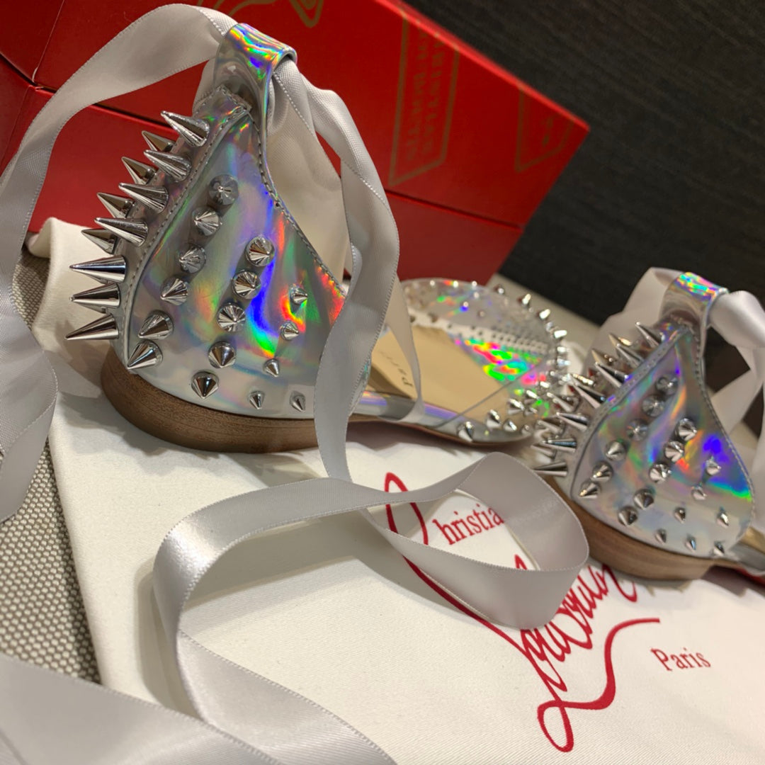 CL Mechante Reine Flats Spike Leather and PVC Silver