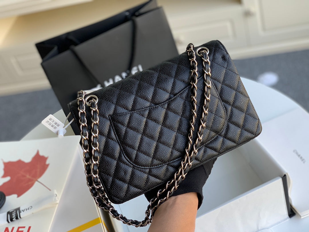 MEDIUM FLAP BAG 25CM BLACK CAVIAR SILVER HARDWARE
