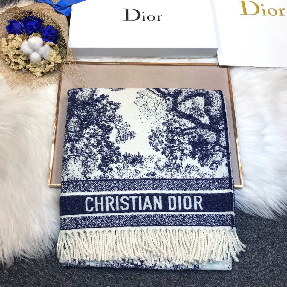 Dior 2026 Toile de Jouy Scarf 140cm Blue White Wool And Cashmere 190051
