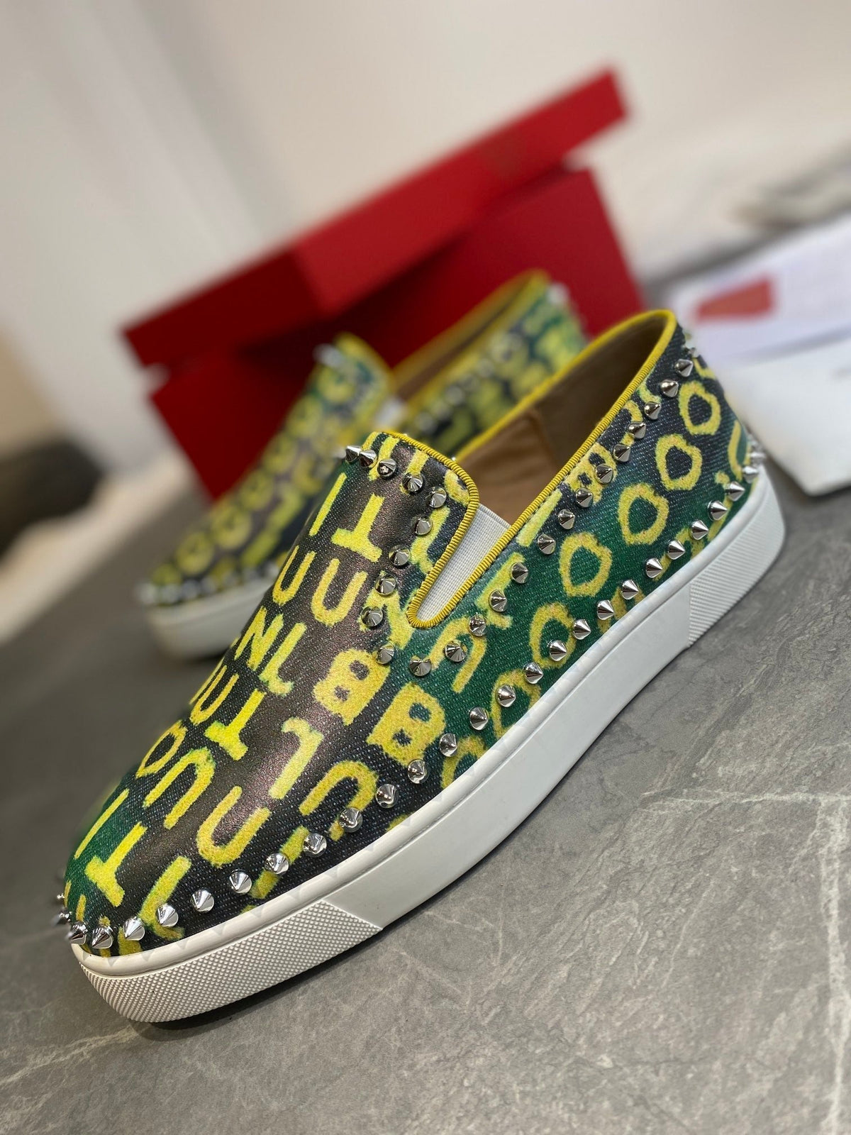 CL Loafers Monogram Yellow Green Leather and Spikes 242380