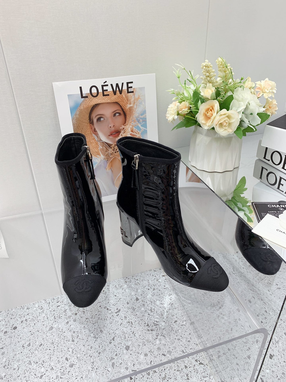 Chanel 2026 Bicolor Cap-Toe Boots 85mm Patent Leather 162120