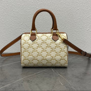 Celine 2026 Boston Bag 19.5cm White Brown Triomphe Canvas Calfskin 281912