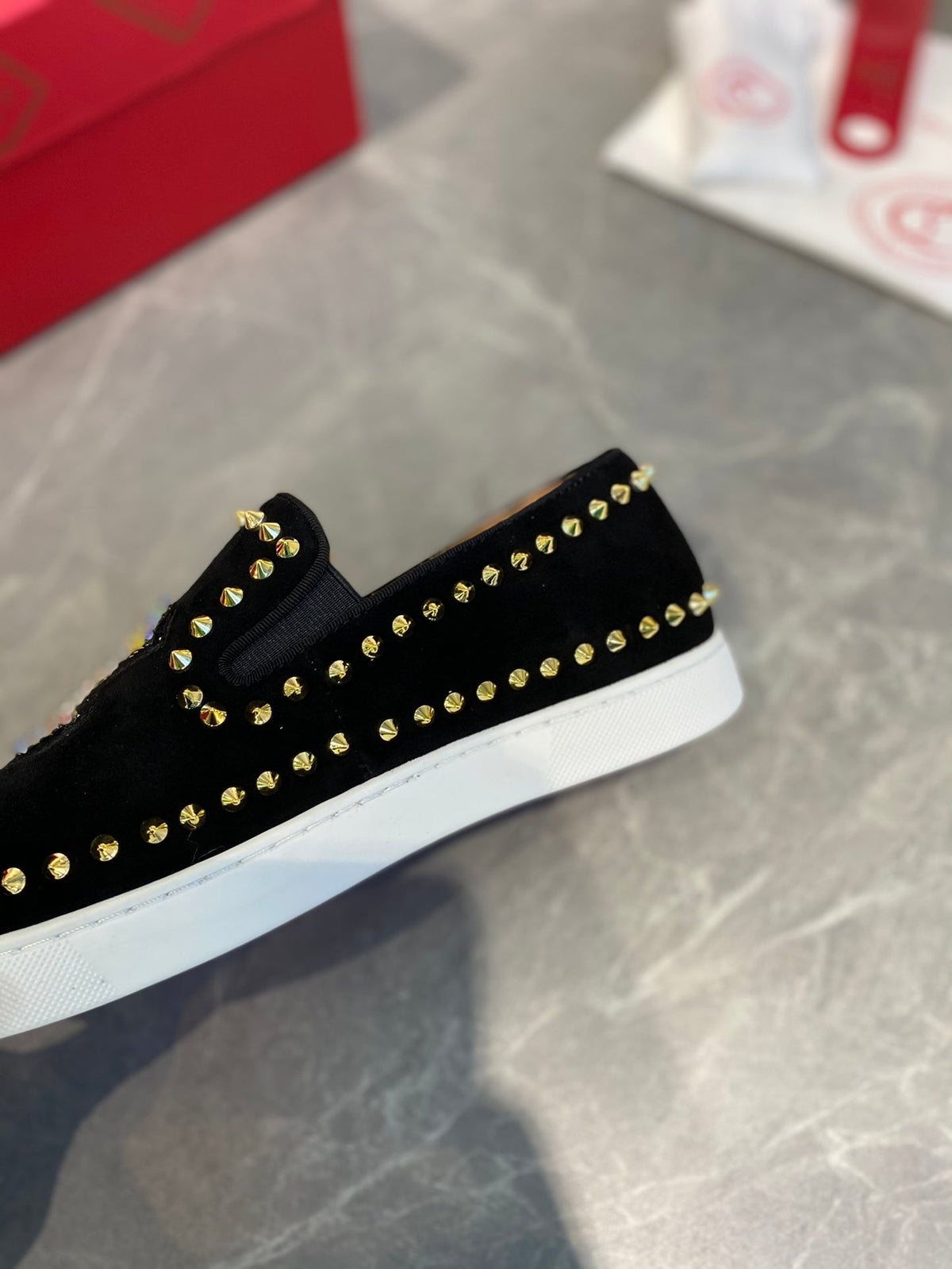CL Loafers with Logo Black Velvet and Spikes 242384