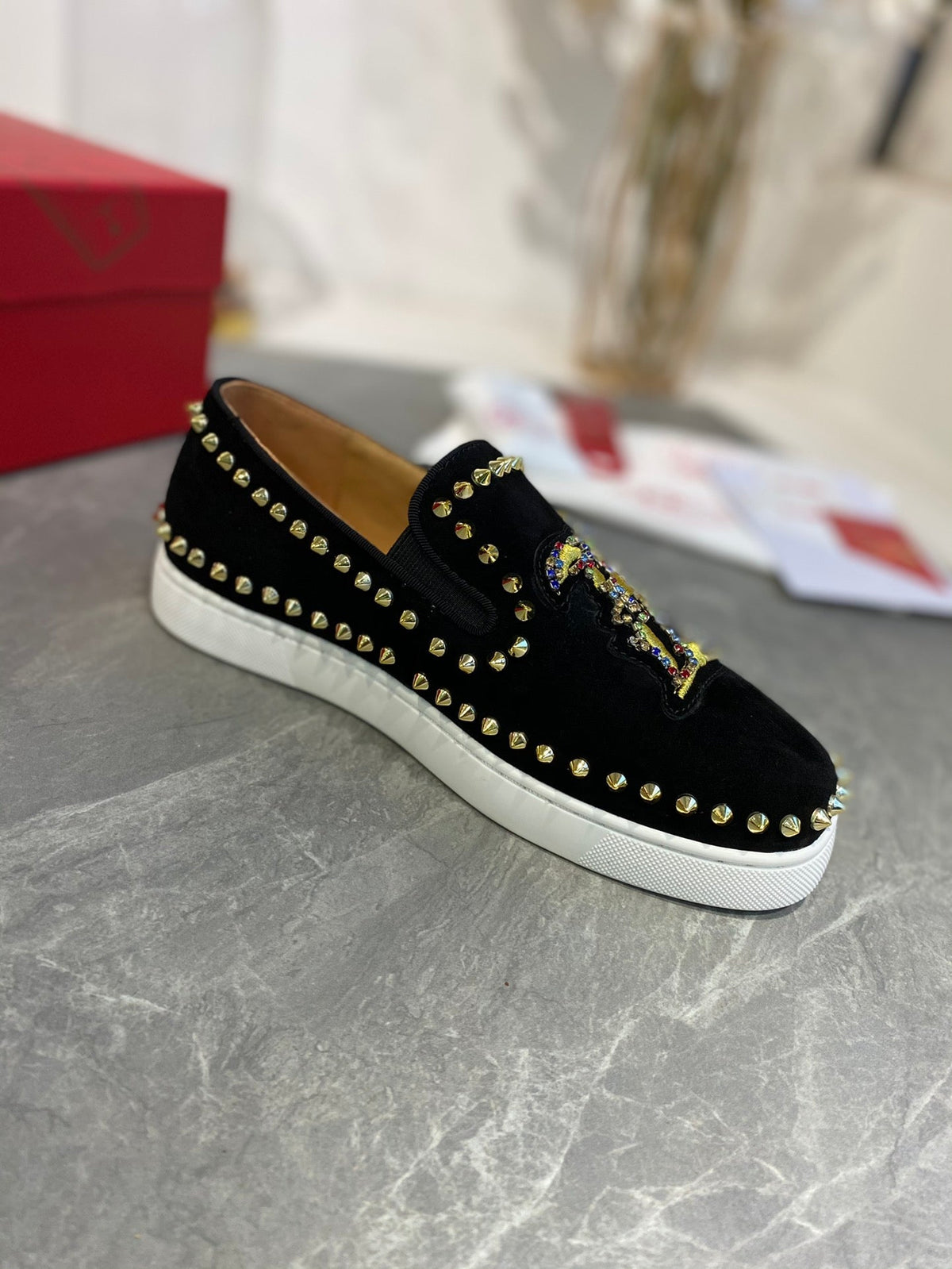 CL Loafers with Logo Black Velvet and Spikes 242384