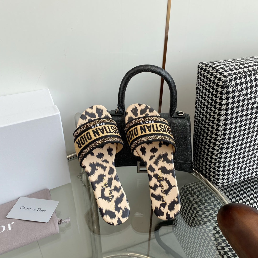 Dior 2026 Leopard Print Slipper Beige Black Cotton Cowhide 366219