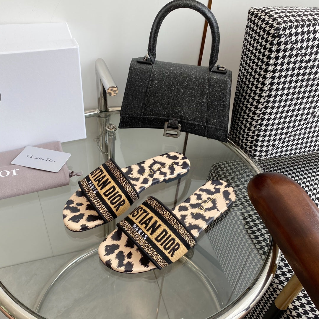 Dior 2026 Leopard Print Slipper Beige Black Cotton Cowhide 366219