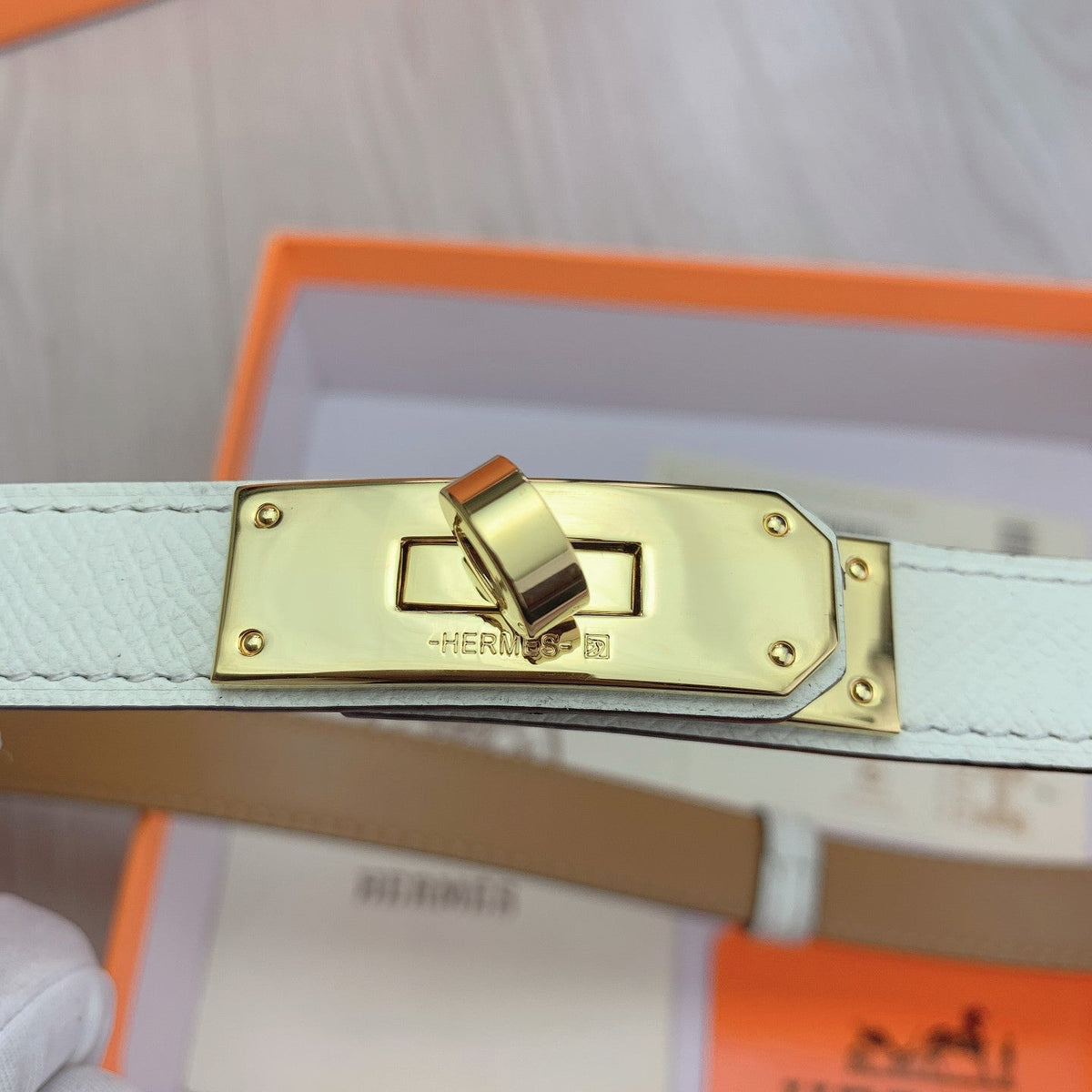 hm kelly belt 18mm with pocket white calfskin gold buckle
