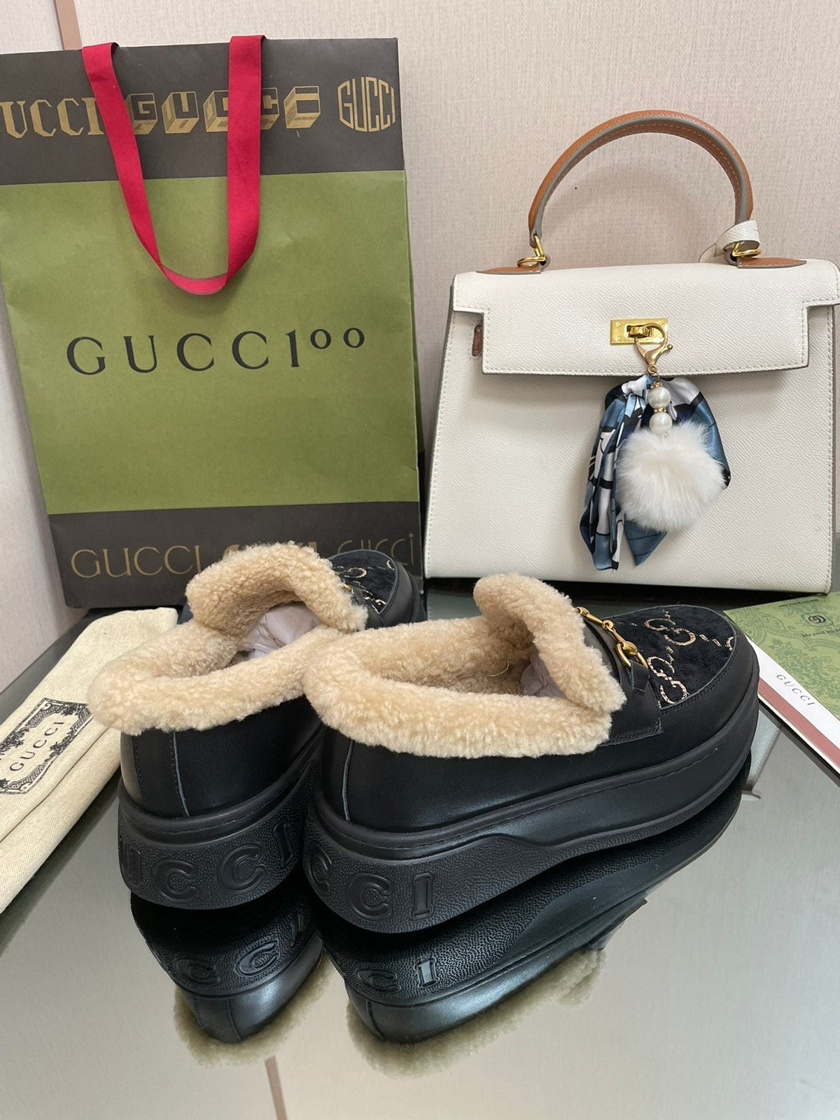 GG LOAFER IN BLACK JACQUARD AND CALFSKIN WITH BEIGE WOOL LINING