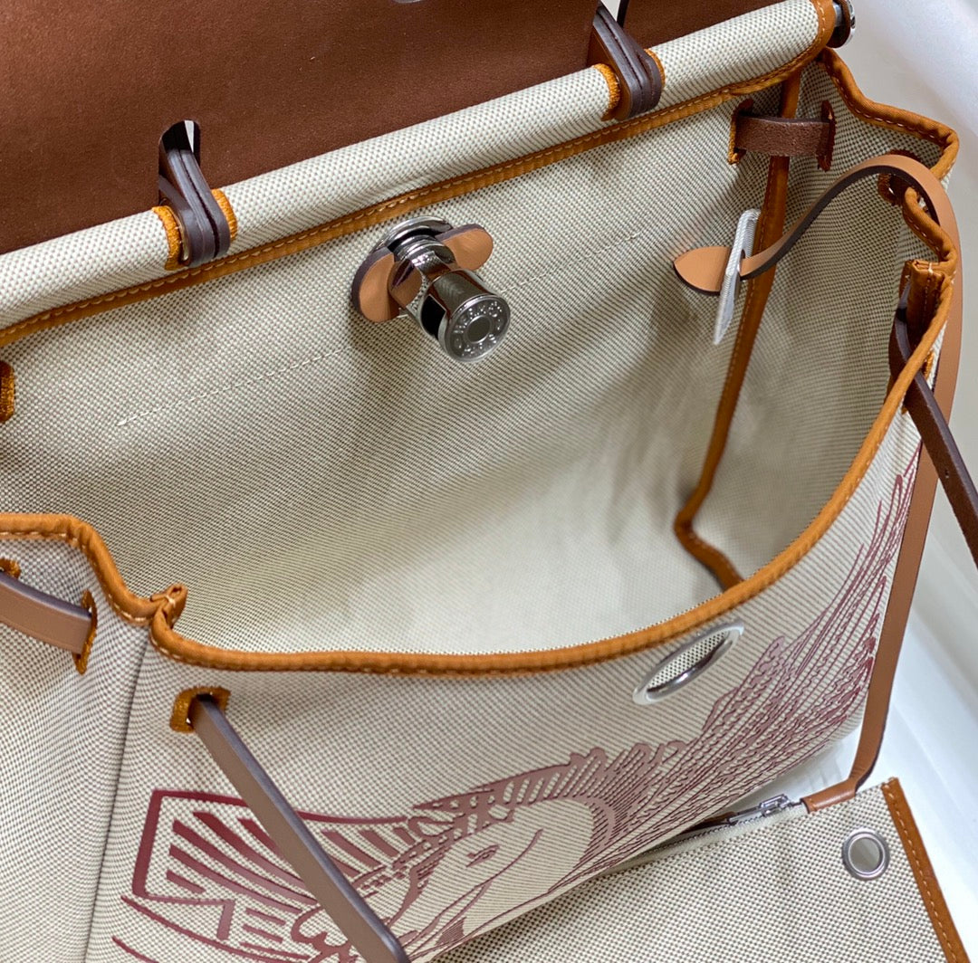 HM Pegase Pop Herbag Zip 31 White Brown Canvas Black Cowhide Leather