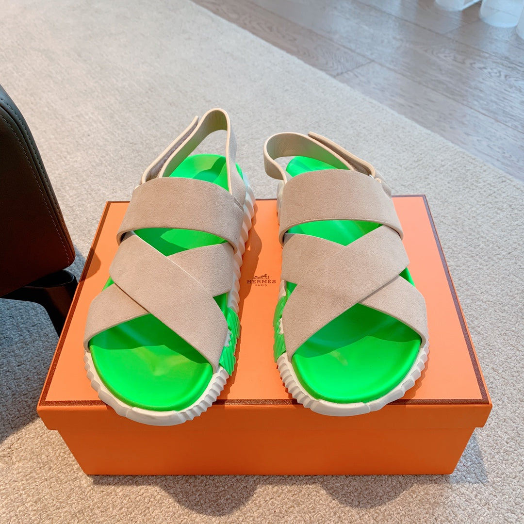 HM ELECTRIC SANDAL PARAKEET AND KHAKI CALFSKIN