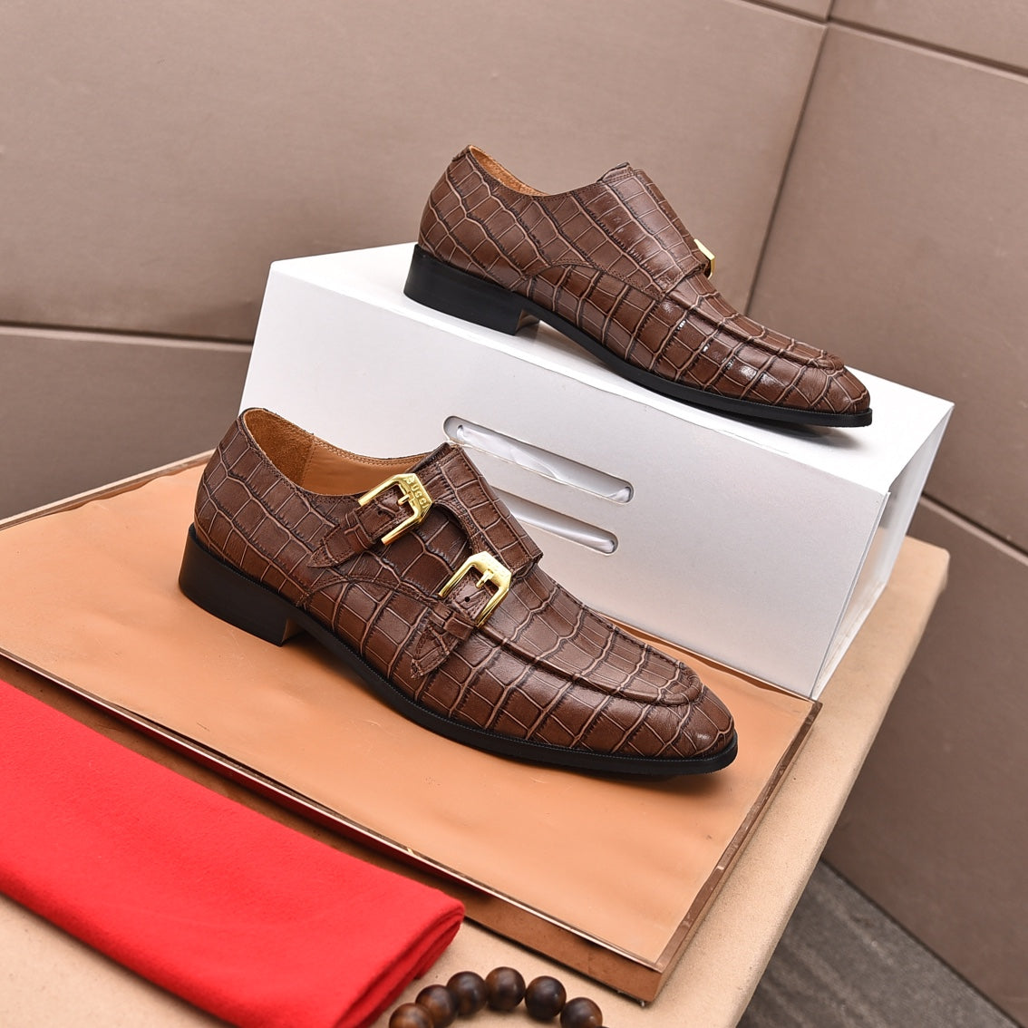 GG Men's Double Monk Strap Loafer Brown Embossed Cowhide