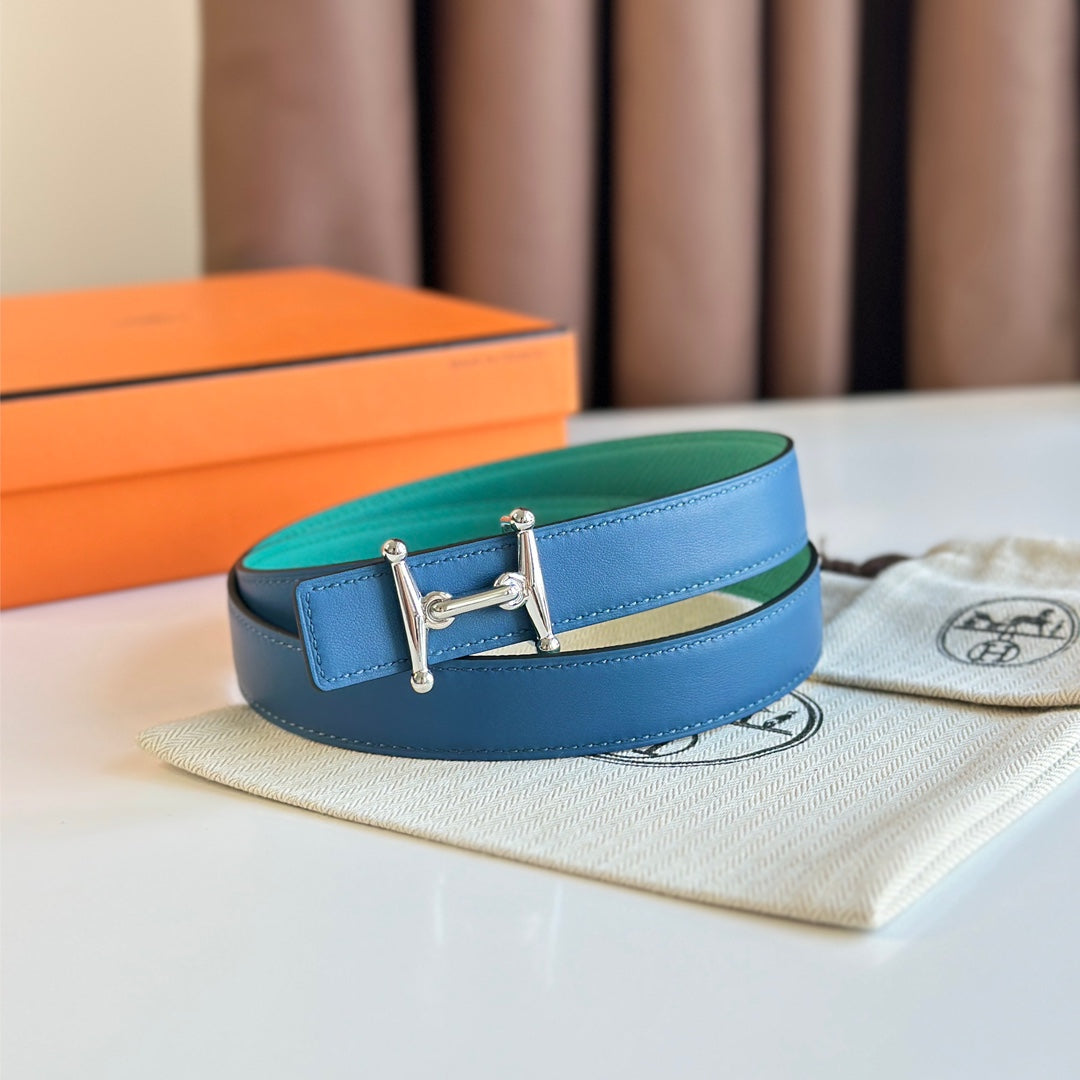 HM Silver Mors H buckle & Reversible 24 mm belt Blue Green leather 125358