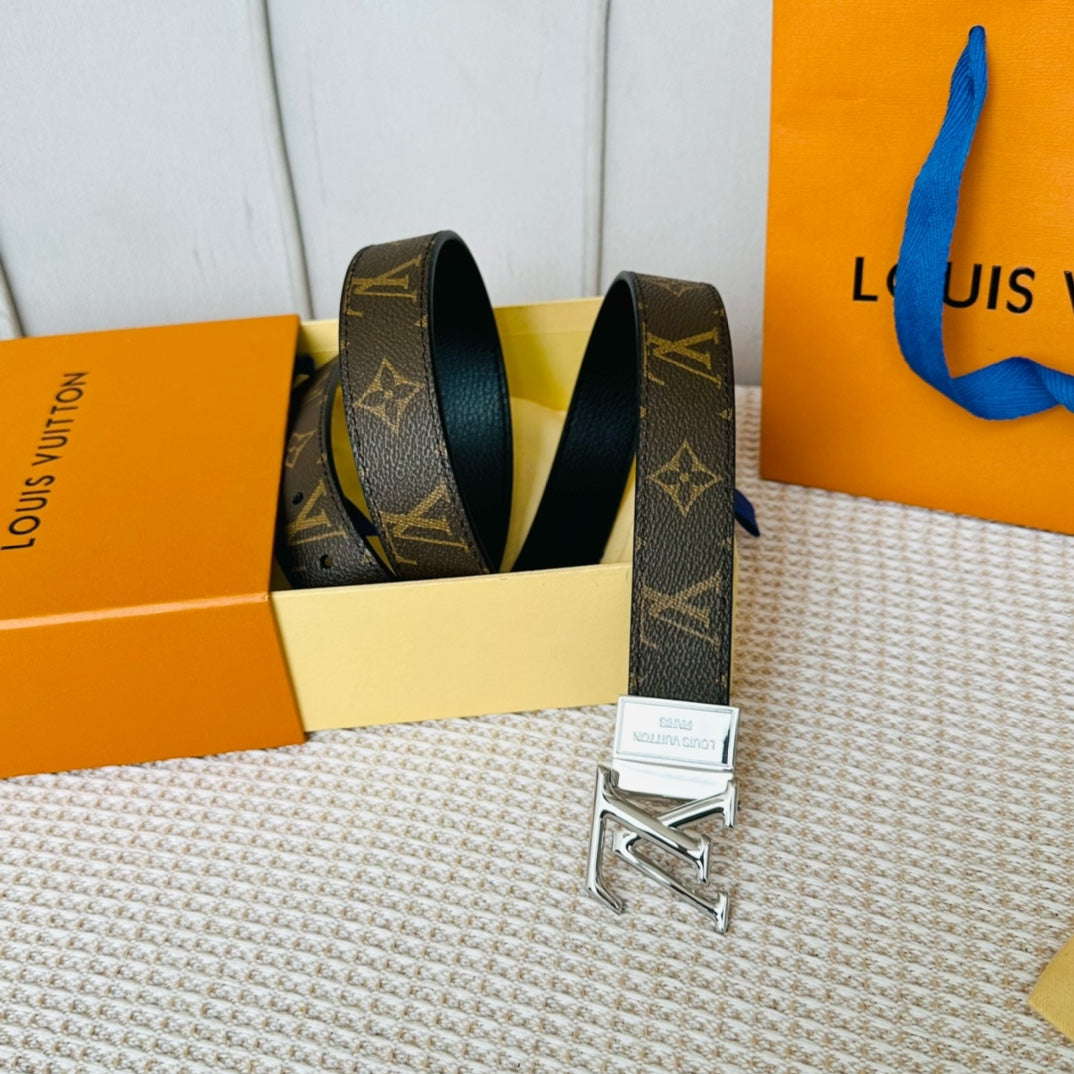 LV Initiales Reversible Belt Silver Rotating Buckle Black Brown Leather