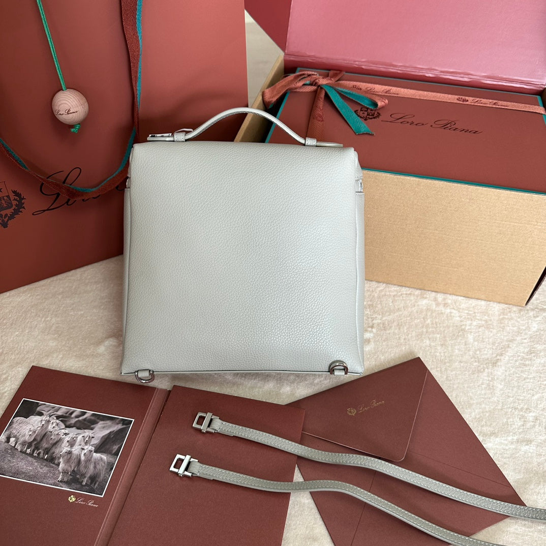 EXTRA POCKET BACKPACK L23.5 IN PEARL GRAY CALFSKIN WITH SILVER HARDWARE