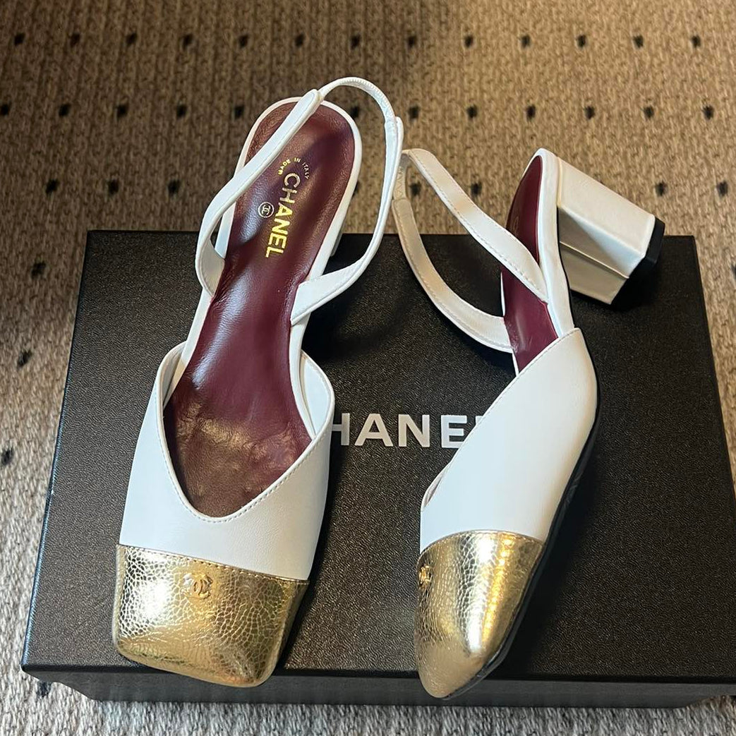 Chanel 2026 Square Toe Slingback 50mm White Gold Leather 719382