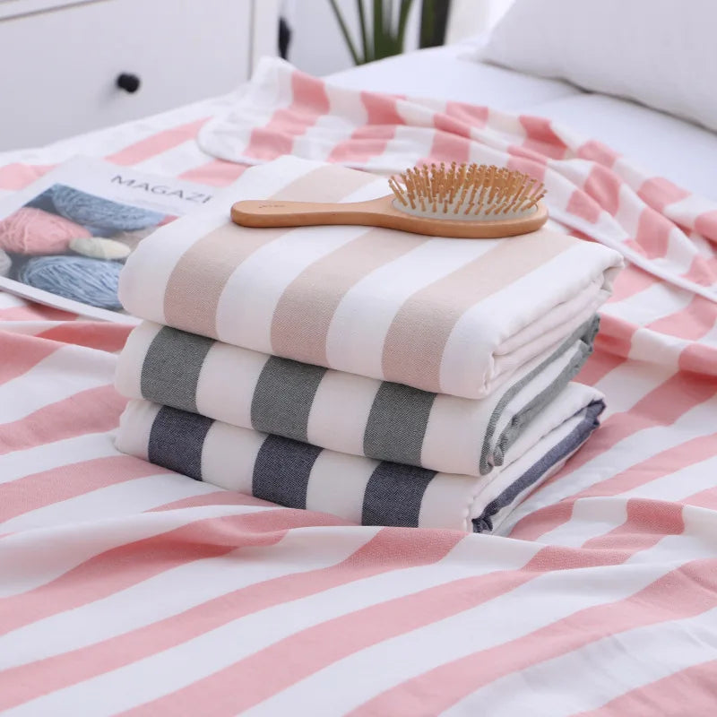 Large Size Bamboo Cotton Blanket Soft Stripe Colorful Bedding Sheet Blanket 3 Layer