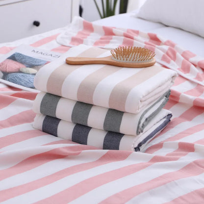 Large Size Bamboo Cotton Blanket Soft Stripe Colorful Bedding Sheet Blanket 3 Layer