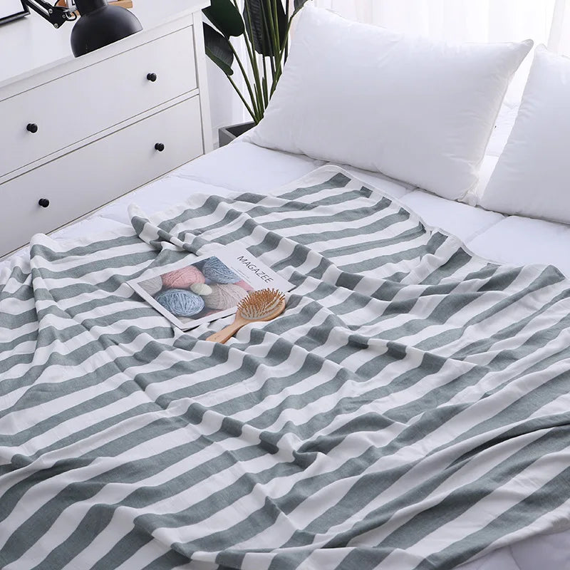 Large Size Bamboo Cotton Blanket Soft Stripe Colorful Bedding Sheet Blanket 3 Layer