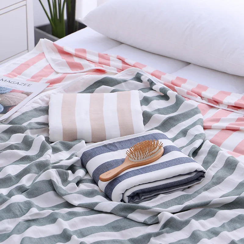 Large Size Bamboo Cotton Blanket Soft Stripe Colorful Bedding Sheet Blanket 3 Layer