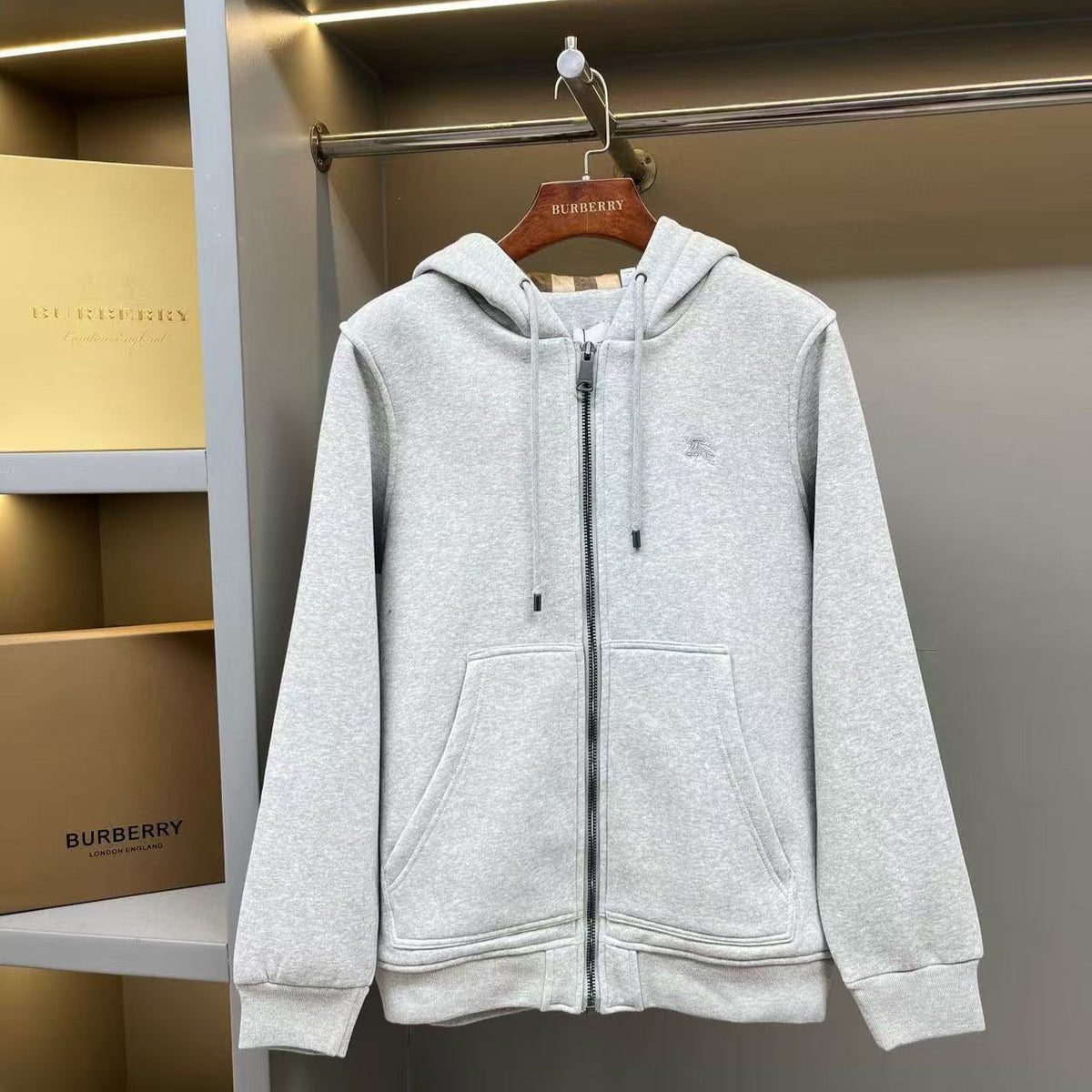 Burberry Checked Thick Hoodie Gray Cotton