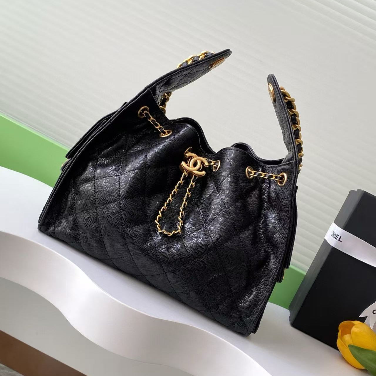 CC 25C Hobo Bag 30cm Black Grained Calfskin