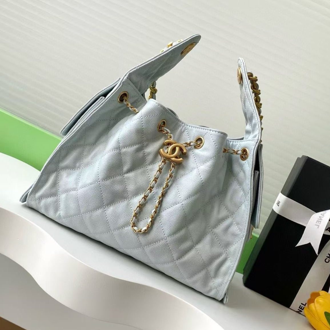CC 25C Hobo Bag 30cm Light Blue Grained Calfskin
