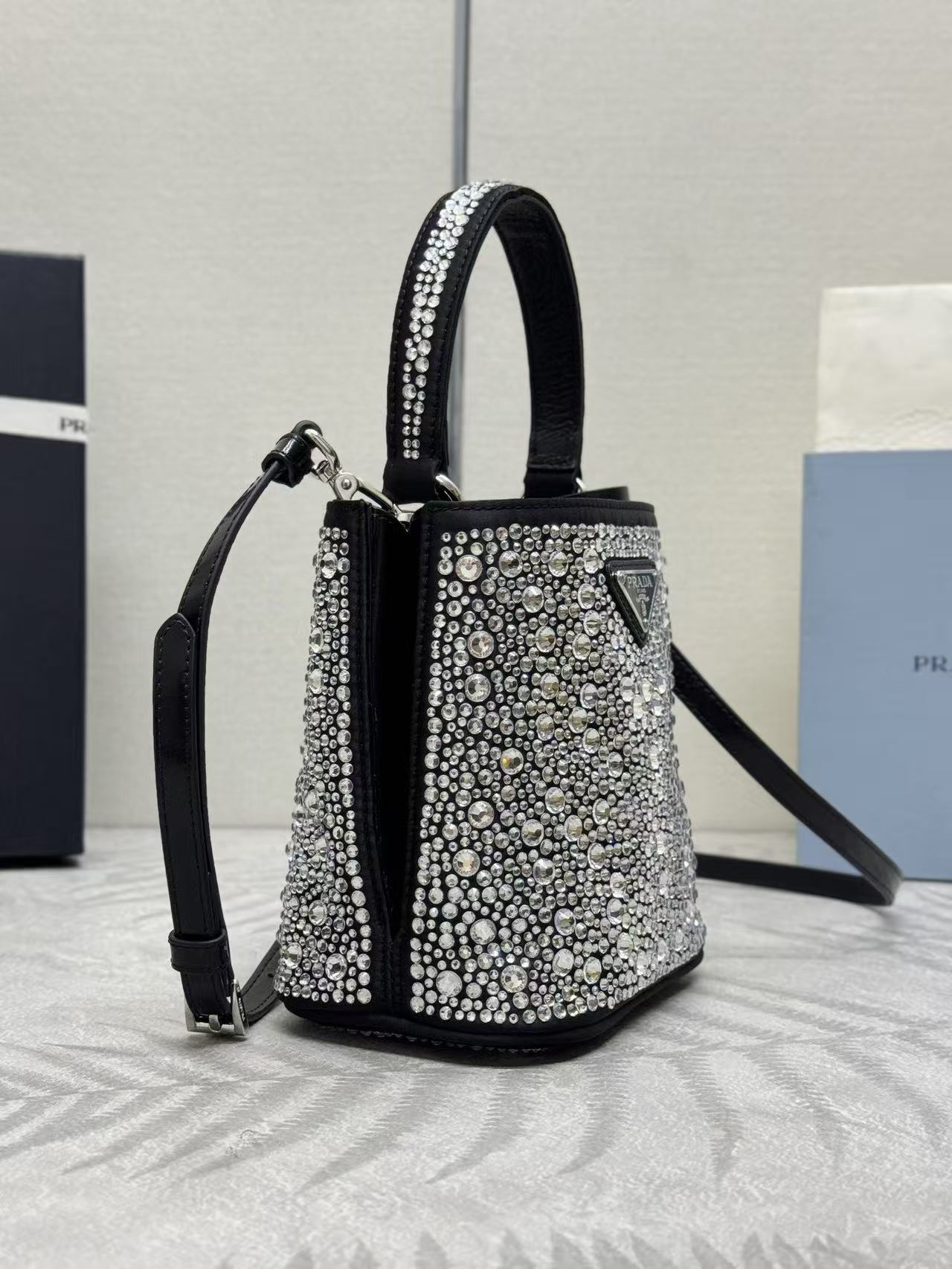 Prada Panier  Bag Black White Crystal-embellished Leather