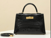 Hermès Kelly II Sellier Crocodile Embossed Black Gold Leather