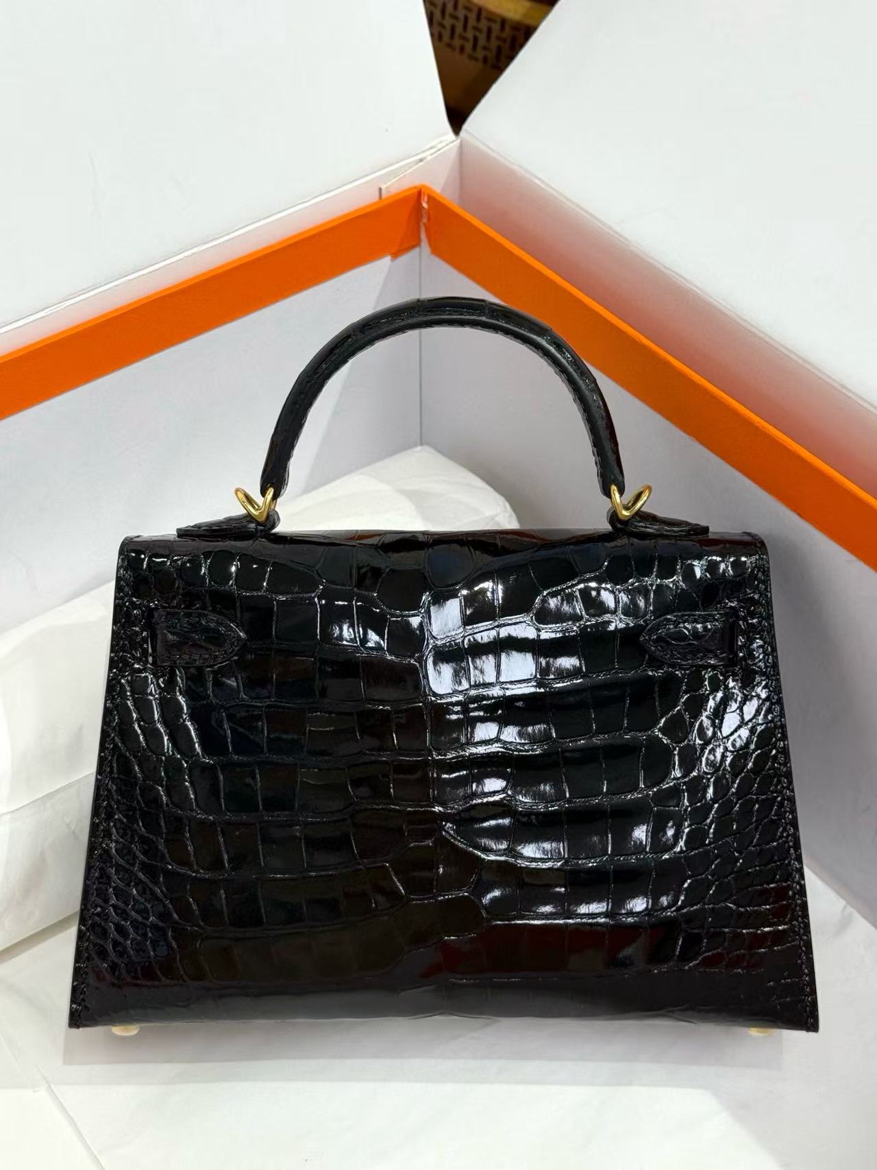 Hermès Kelly II Sellier Mini Black Shiny Crocodile Gold Hardware