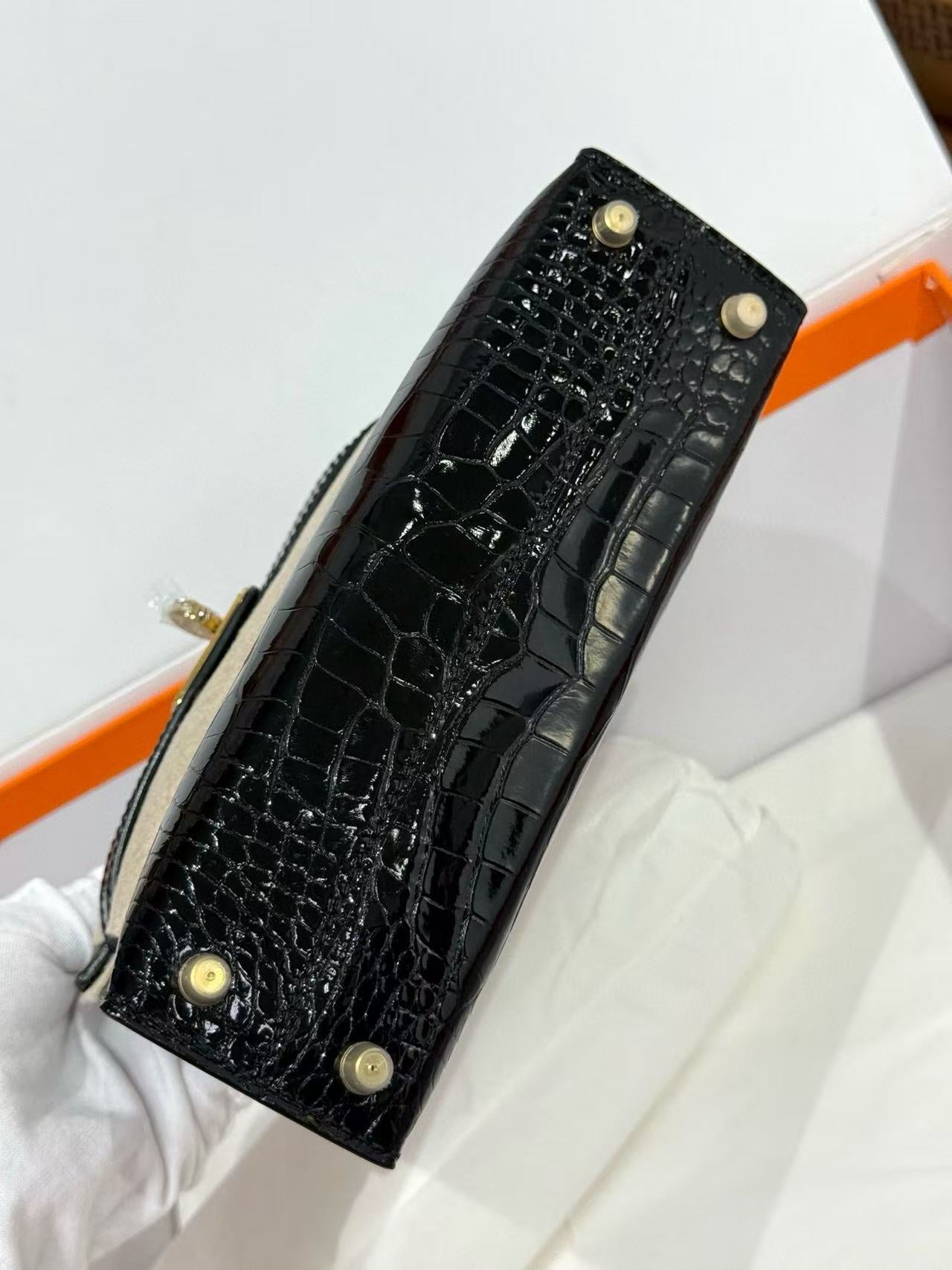 Hermès Kelly II Sellier Mini Black Shiny Crocodile Gold Hardware