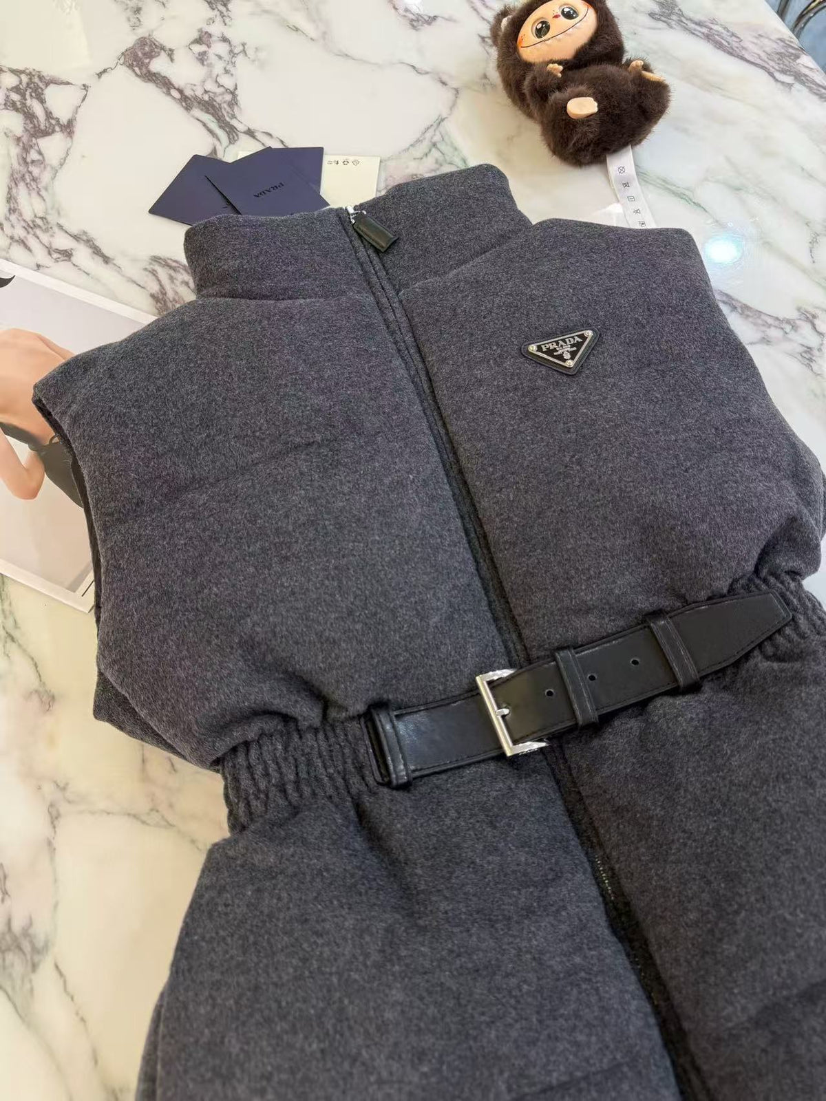 Prada 2025 Belted Down Vest Gray Wool