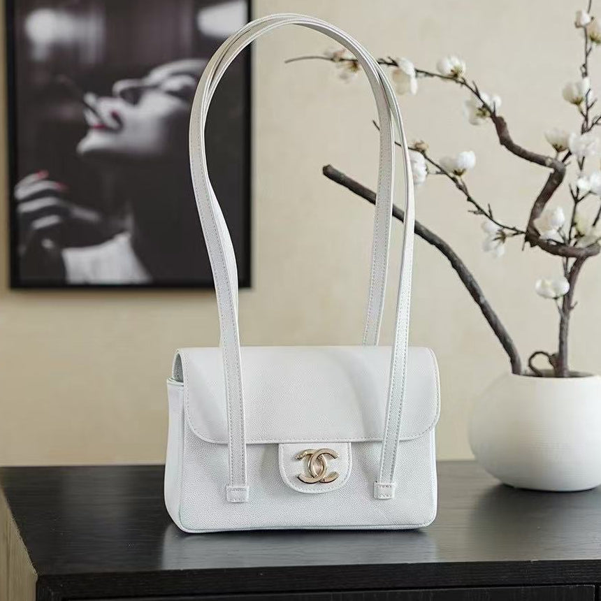 Chanel 2026 Bag 22cm White Grained Shiny Calfskin