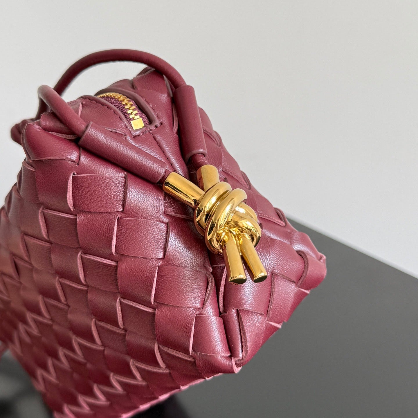 Bottega Veneta 2026 Mini Loop Metal Knot Camera Bag 17cm Burgundy Lambskin