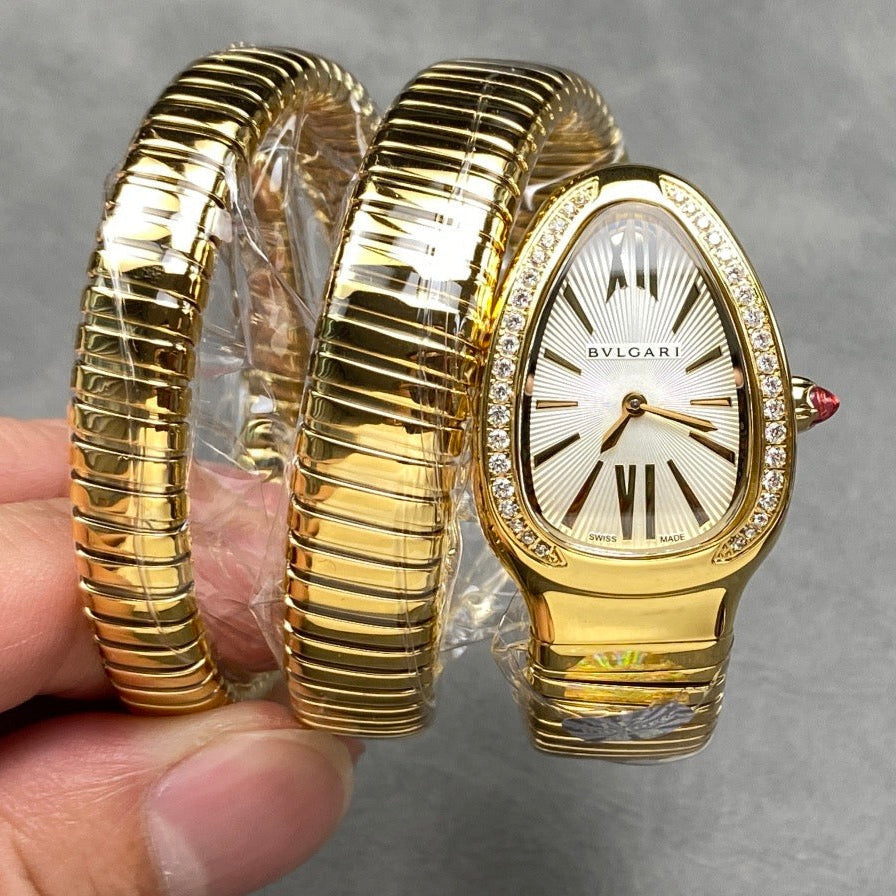 Bulgari Serpenti 35mm Tubogas 18k Yellow Gold Diamonds Silver Dial