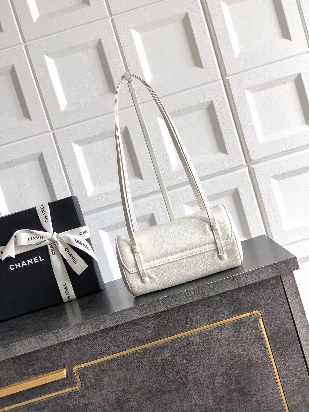 Chanel 2026 Bowling Ball Cylinder Bag White Caviar Leather