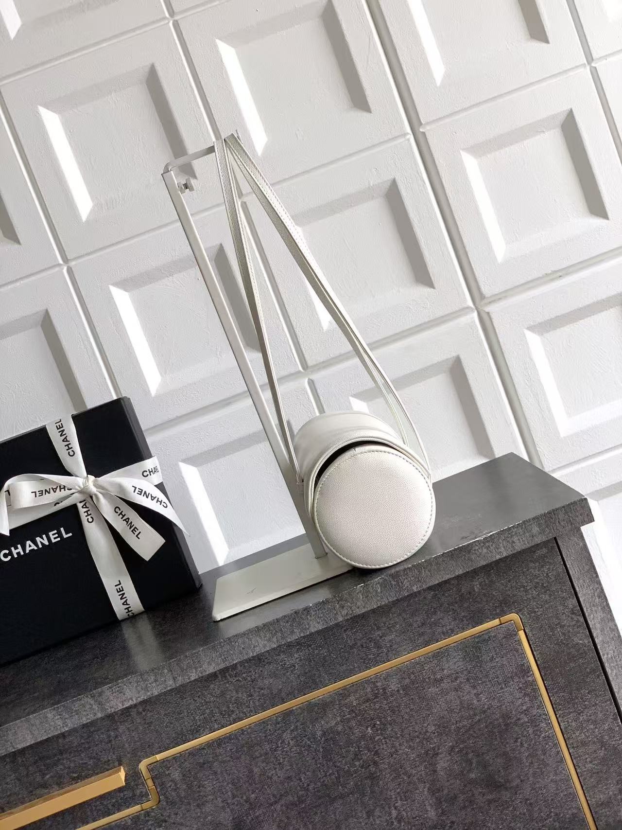 Chanel 2026 Bowling Ball Cylinder Bag White Caviar Leather
