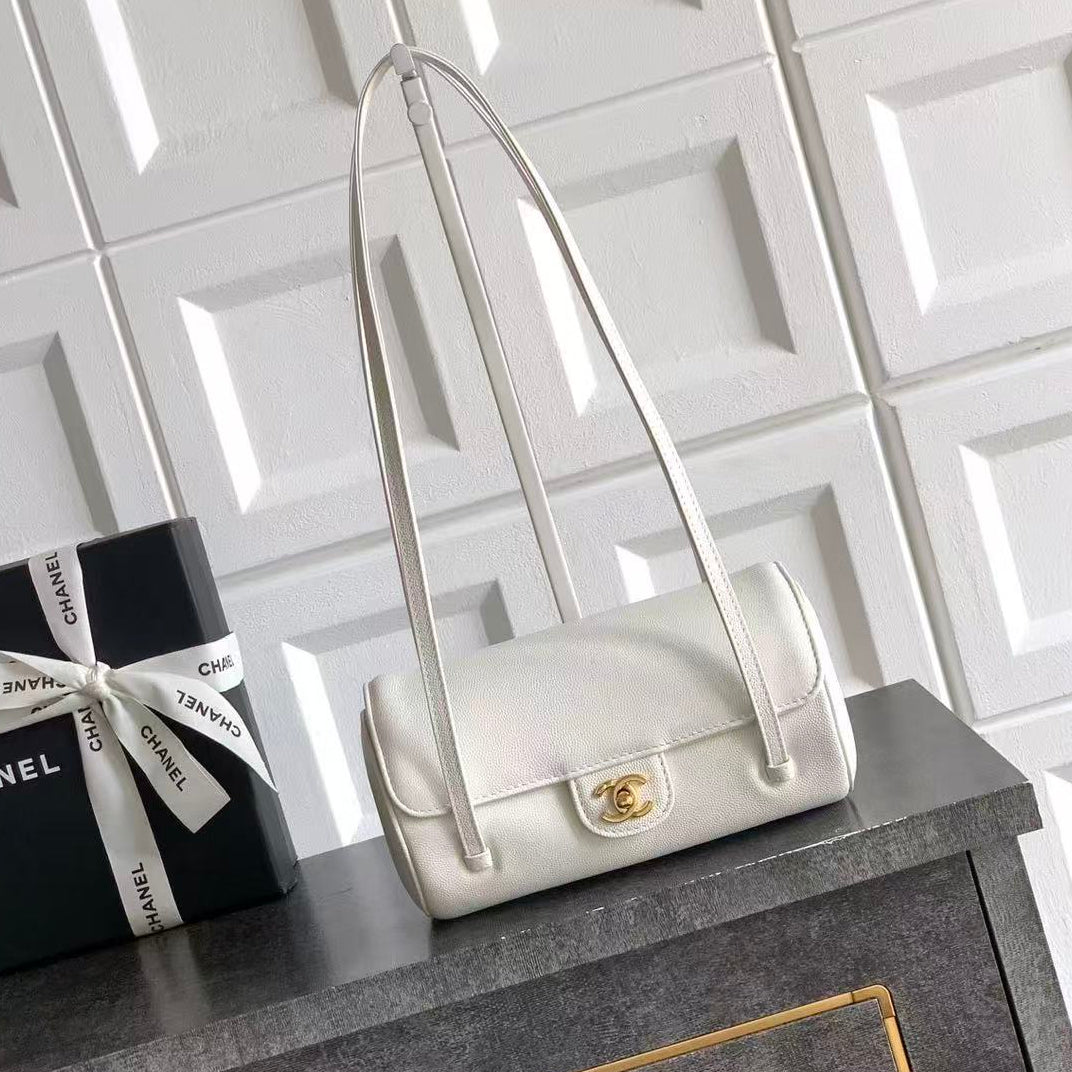 Chanel 2026 Bowling Ball Cylinder Bag White Caviar Leather