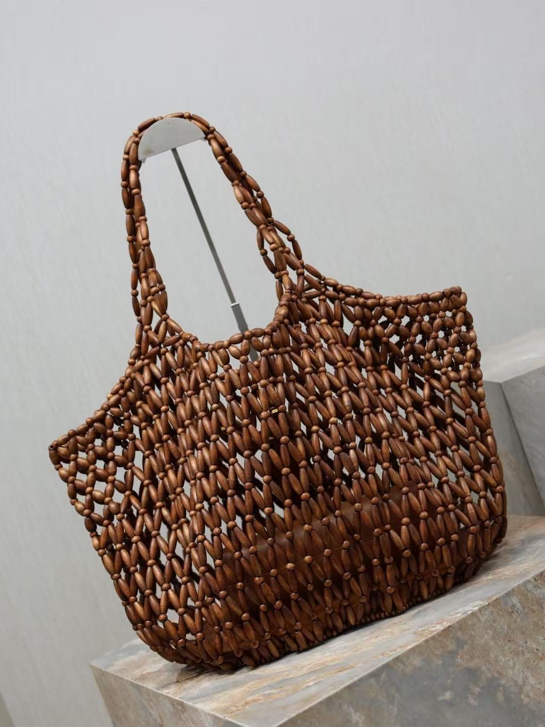 YSL 2026 Icare Wooden Bead 46cm Brown Woven Bag