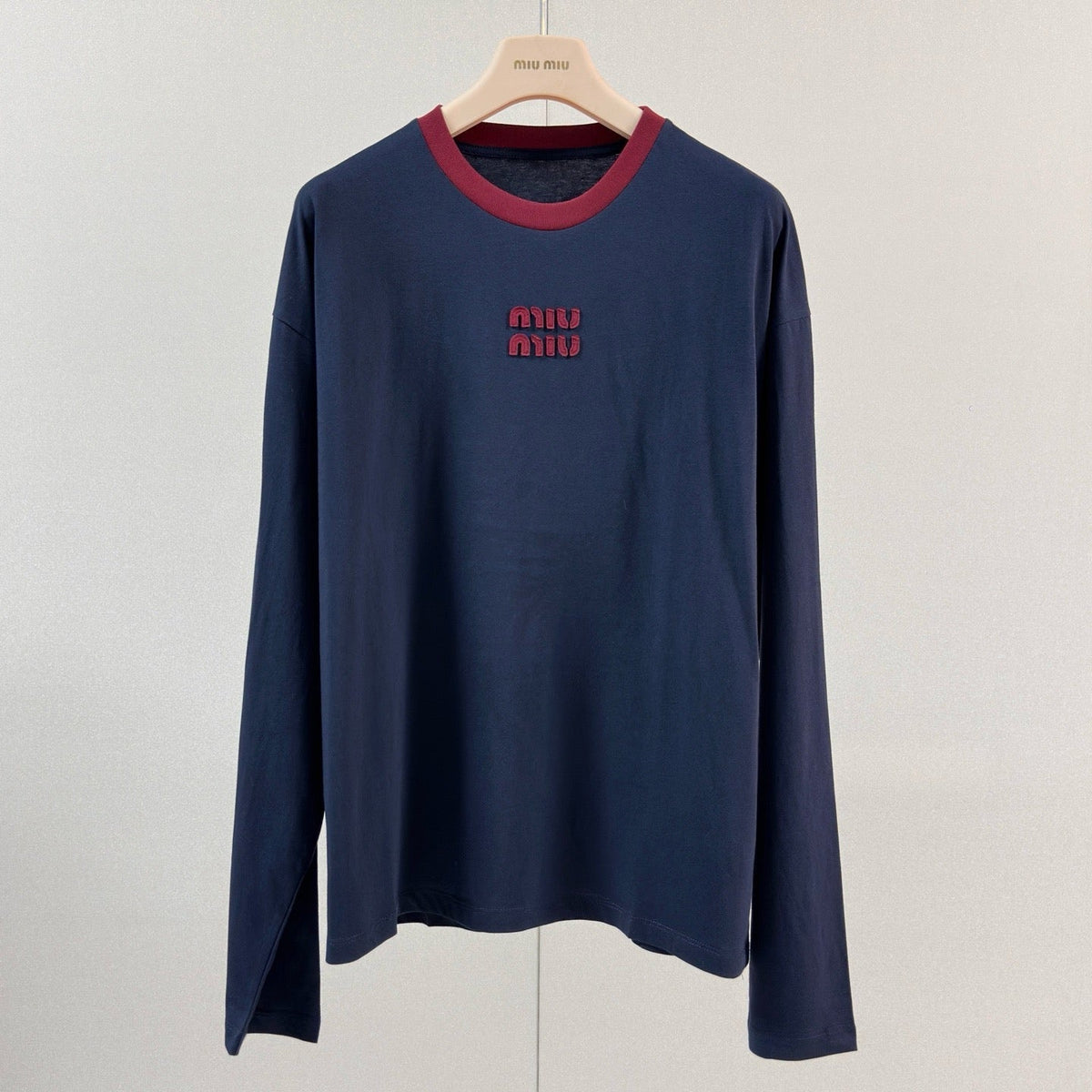 Miu Miu 2026 Long-sleeved T-shirt Navy Blue Red Cotton