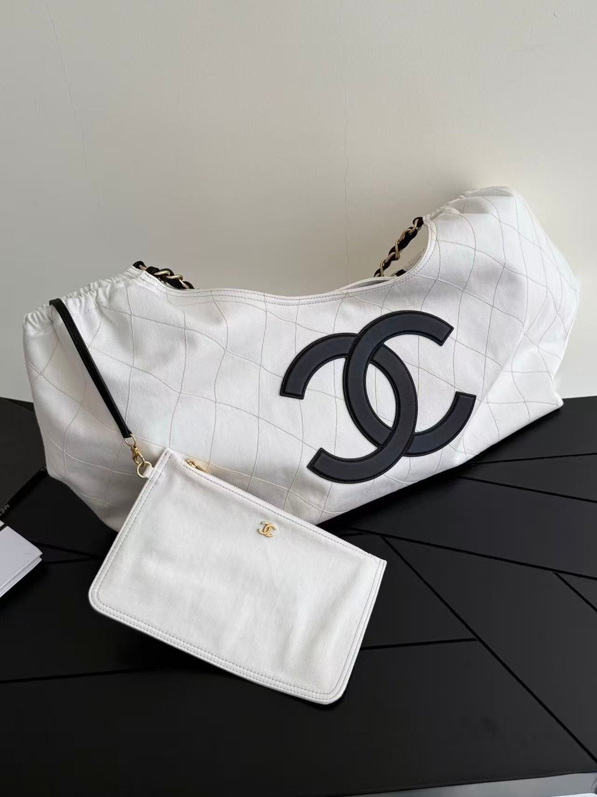 Chanel 2026 Bag 43cm White Black Denim Leather