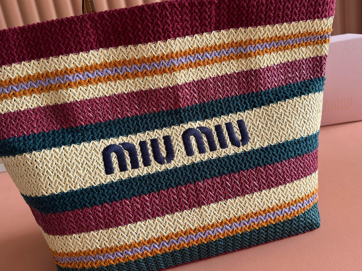 Miu Miu 2026 Striped Tote Bag 40cm Multicolor Woven Raffia-Effect