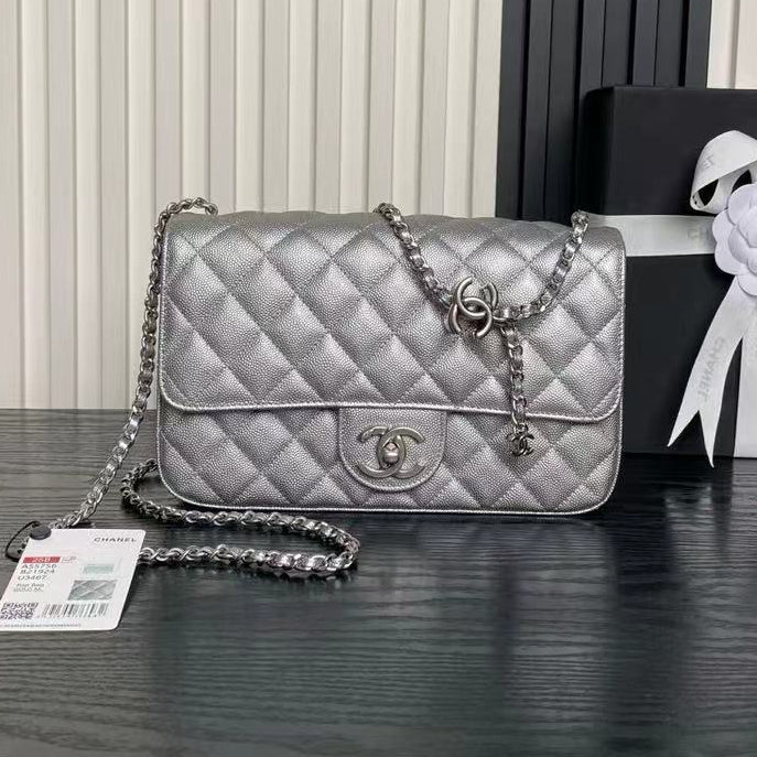 Chanel 2026 Classic Flap Bag 23.5cm Silver Grained Cowhide