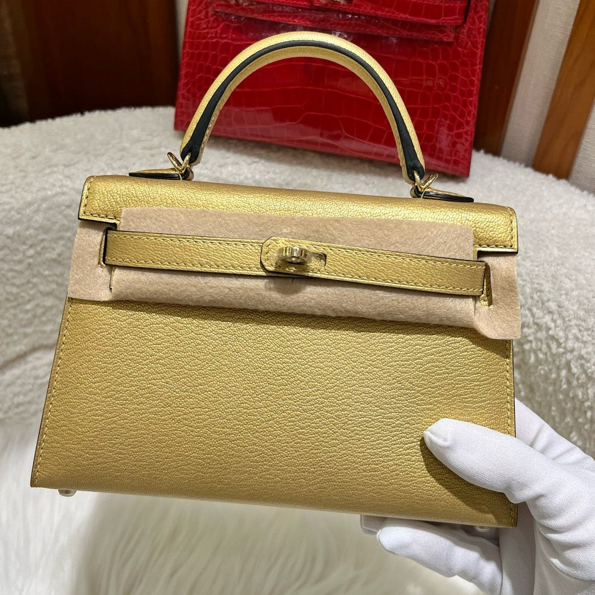 Hermes 2026 Mini Kelly II Bag 19cm Metallic Gold Goatskin Leather